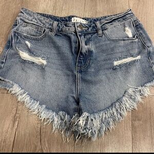 Cello Blue Jean Shorts with Distressed Fringe